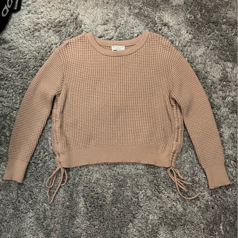 Tan Waffle Knit Sweater with Side Ties